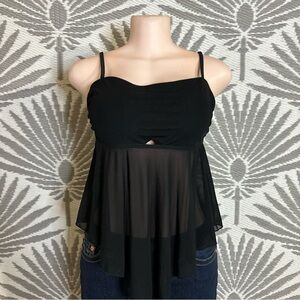 Sheer Mesh Asymmetrical Cutout Swim Top Tankini Black Flowy Babydoll Y2K Sz L